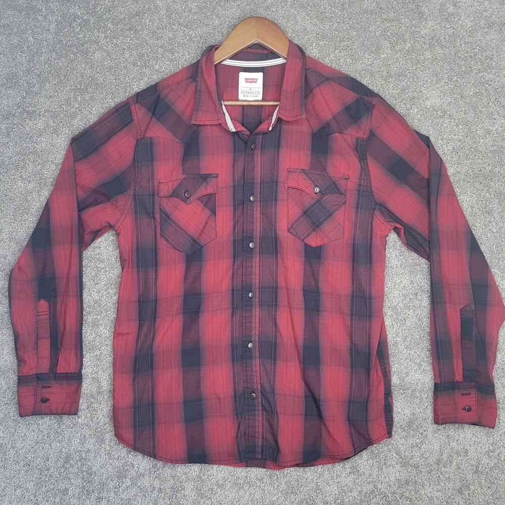 Levi's Red Tab Red Black Plaid Long Sleeve Casual Button Up Shirt Mens Size XL